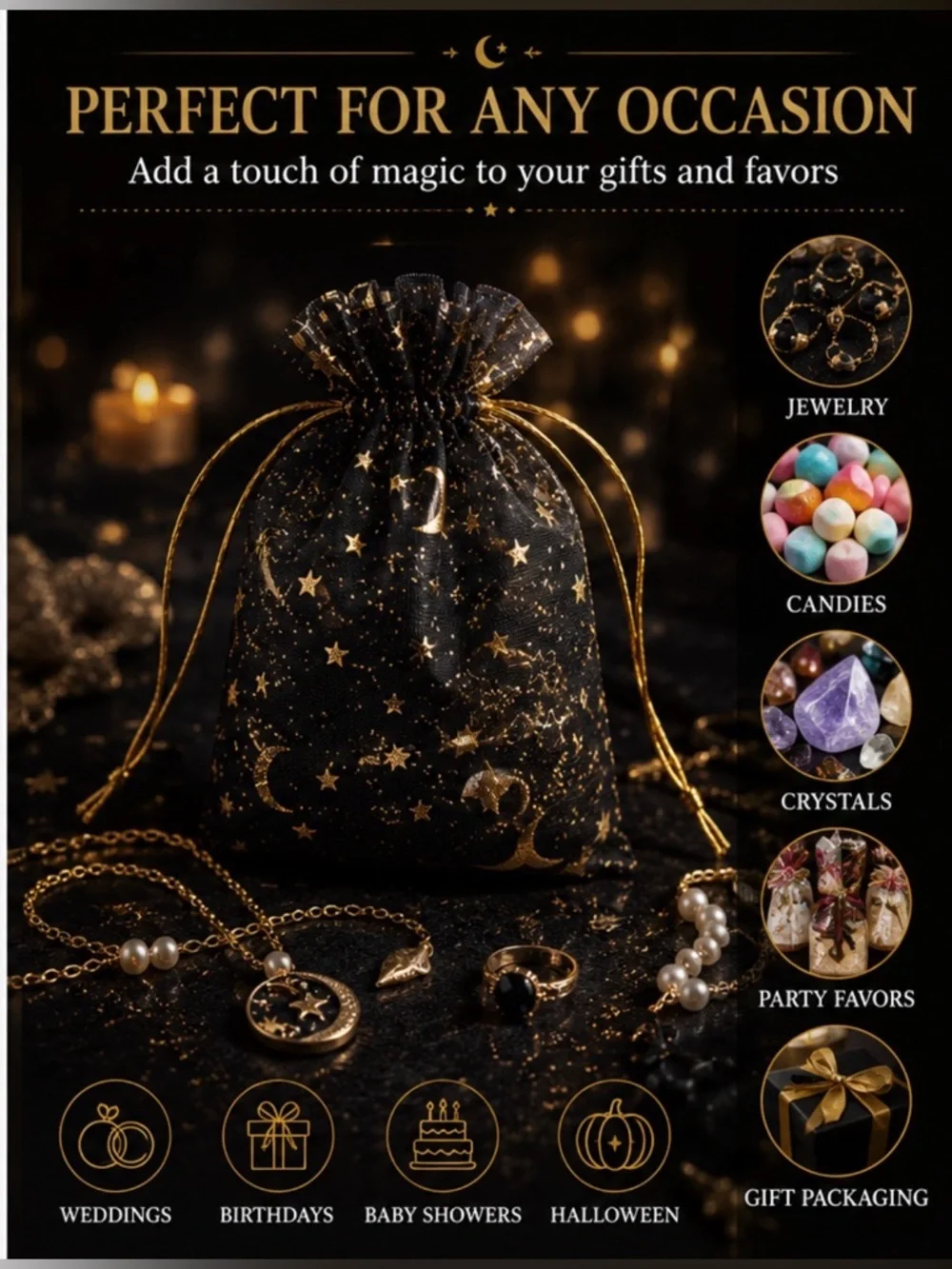 🌙 Moon & Stars Organza Drawstring Gift Bags Bundle (25 Bags) ✨